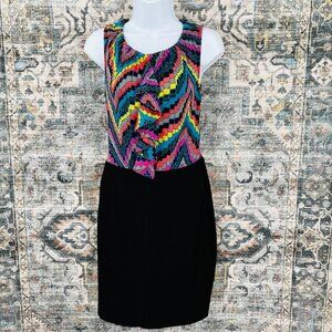 Trina Turk Ruth Later Gator Ruffle Dress Sz 4 Geometric Print Cascade Trim